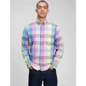 Gap Poplin Button Down Shirt Multicolor Plaid Collared Long Sleeve Size XXL NWT